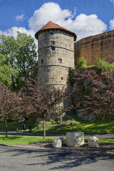 Mill tower, imperial palace of the Staufers in the Romanesque style, castle complex and fortifications, outer fortress ring, Cheb, Eger, Egerland, Bohemia, Czech Republic, Czech Republic