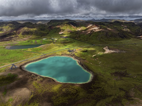 Lake, volcanic crater, volcanic landscape, mountains, cloudy, aerial view, summer, Graenavatn, Krysuvik geothermal area, Reykjanes, Iceland
