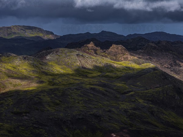 Volcanic landscape, mountains, cloudy, aerial view, summer, Reykjanes, Iceland