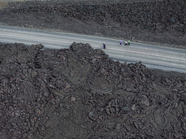 Lava, lava field, road, destroyed, summer, cloudy, sunny, aerial view, tourists, Blue Lagoon, Sundhnúkur crater series, Fagradalsfjall, Reykjanes, Iceland