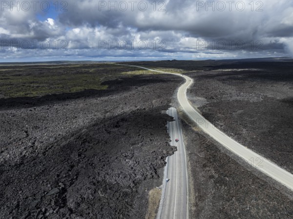 Lava, lava field, road, destroyed, summer, cloudy, sunny, aerial view, Blue Lagoon, Sundhnúkur crater series, Fagradalsfjall, Reykjanes, Iceland