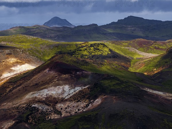 Volcanic landscape, mountains, cloudy, aerial view, summer, hot springs, Krysuvik geothermal area, Reykjanes, Iceland