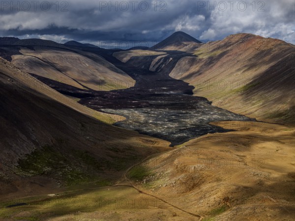 Lava, lava field, summer, cloudy, sunny, aerial view, Fagradalsfjall, Reykjanes, Iceland