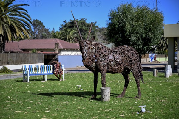 Oryx sculpture by the artist Shivute in the park on 8th Street, Oranjemund, Diamond Sperrgebiet, Karas Region, Namibia