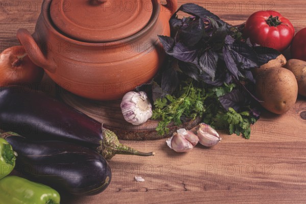 Clay pot, with ingredients, for cooking Chanakhi dishes, Georgian cuisine, no people