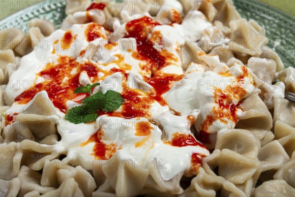 The dish features a generous serving of Turkish dumplings topped with velvety yogurt and a drizzle of spicy red sauce, displayed on a beautifully crafted plate with a green accent
