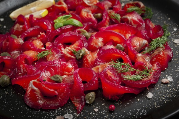 Salmon gravlax with beetroot, Scandinavian snack, beet gravlax, lightly salted fish, homemade, no people