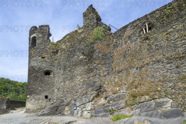 9th century medieval ruined hill castle overlooking the city La Roche-en-Ardenne in summer, province of Luxembourg, Ardennes, Wallonia, Belgium