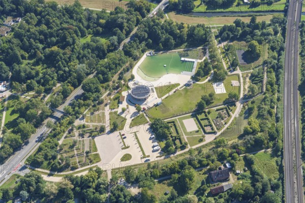 Naturbad Winsen, swimming pool, natural pool, Eckermannpark, outdoor pool, climate-neutral, plant filter, biological, aerial view, Winsen, Luhe, Lower Saxony, Germany