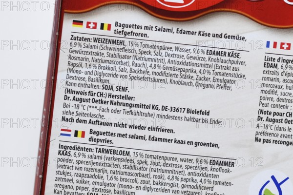 Germany - September 2025: Ingredient list in German on frozen salami baguette packaging