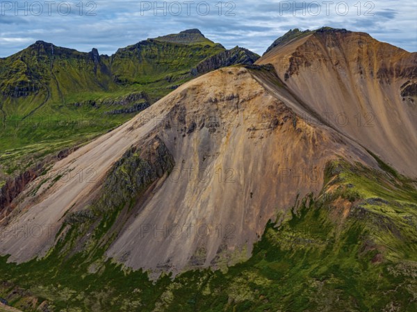 Mountains, coast, summer, aerial view, morning light, volcanic, cloudy, Faskrudsfjördur, East Fjords, Iceland