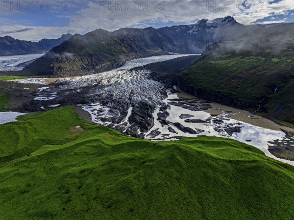 Ice floes, glacier, glacier tongue, glacier lake, sunny, cloudy, morning mood, mountains, reflection, aerial view, summer, Svinavellsjökull, Skaftafell, Vatnajökull National Park, Iceland