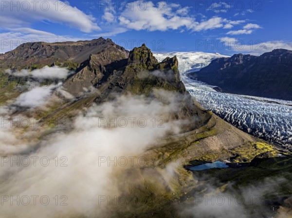 Glacier, glacier tongue, sunny, morning mood, mountains, fog, aerial view, summer, Kviarjökull, Vatnajökull, Iceland