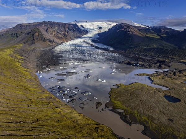 Ice floes, glacier, glacier tongue, glacier lake, sunny, morning mood, mountains, reflection, aerial view, summer, Kviarjökull, Vatnajökull, Iceland