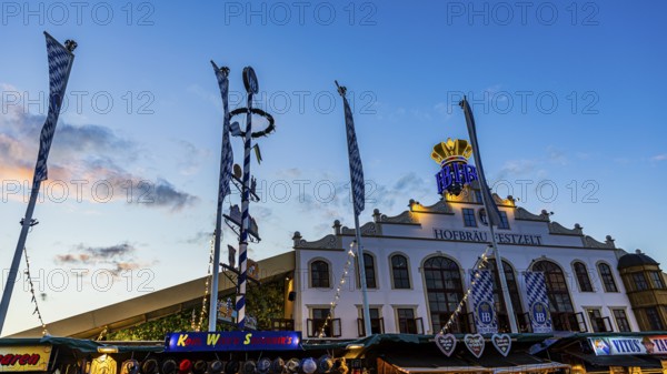 The Hofbräu marquee in the evening light, Festwiese, Theresienwiese, Oktoberfest, Munich, Upper Bavaria, Bavaria, Germany