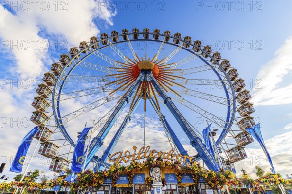 Ferris wheel in front of a white-blue sky, Festwiese, Theresienwiese, Oktoberfest, Munich, Upper Bavaria, Bavaria, Germany