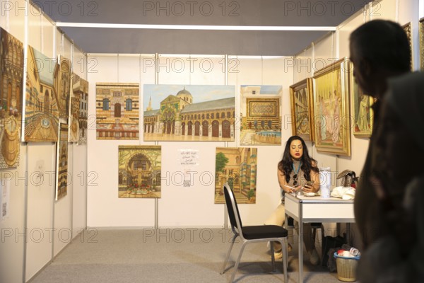 Syrian artisans display handmade artistic pieces to visitors at the Damascus International Fair. The exhibition features traditional crafts and creative works produced by local craftsmen as part of Syria's cultural and economic revival after years of conflict, Damascus, Damascus, Syria