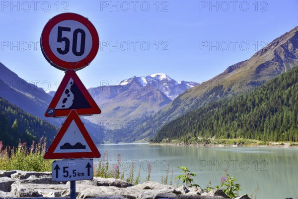 Reservoir in the Kaunertal in the Ötztal Alps, in the background the Weißseespitze (3498 m), Tyrol, Austria