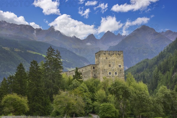 Berneck Castle in the Kaunertal, in the background the Gsallkopf (3278 m) in the Ötztal Alps, Tyrol, Austria