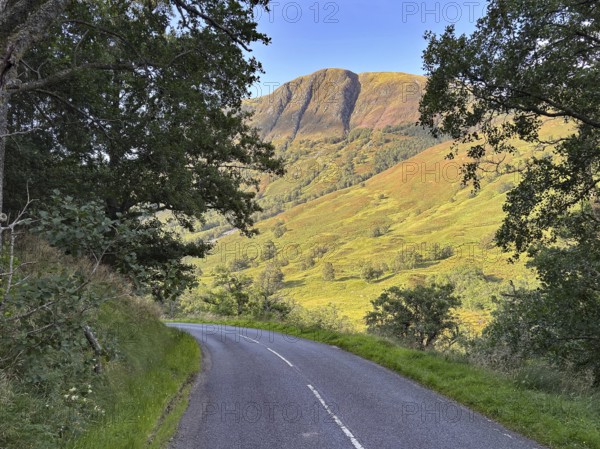 A winding road leads through a green landscape under a clear sky with a mountain in the background, Glen Nevis, Highlands, Fort William, Scotland, United Kingdom