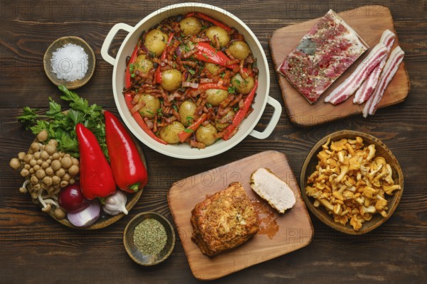Organic ingredients on a rustic wooden countertop, showcasing a hearty meal preparation with fresh vegetables, pork meat, bacon mushroom and herbs