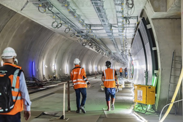 Tunnel under the new airport railway station between the airport and the exhibition centre. The technical equipment is already being installed on the future platform. In future, trains will enter the new station 27 metres below the surface. It is scheduled to go online at the end of 2026. Stuttgart, Baden-Württemberg, Germany