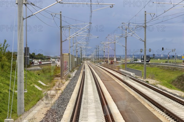 Track system of the new railway line between Wendlingen and the new airport station. The section of the Stuttgart-Ulm high-speed line is scheduled to go online at the end of 2026. The high-speed railway line is a central component of the Stuttgart 21 rail project. Stuttgart, Baden-Württemberg, Germany
