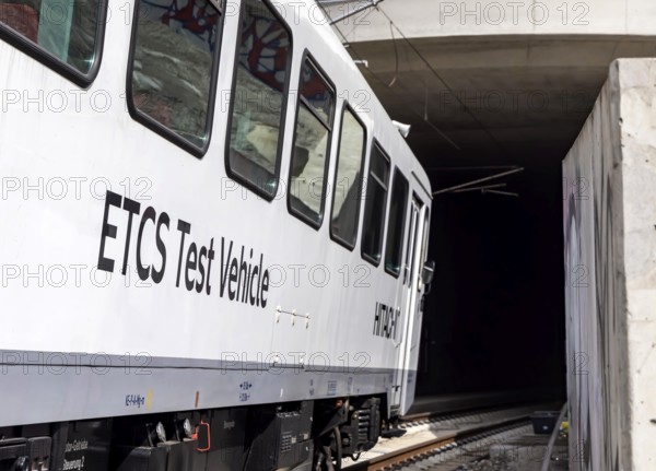 Test run on the new railway line between Wendlingen and the new airport station. The section of the Stuttgart-Ulm high-speed line is due to come online at the end of 2026. It is a central component of the Stuttgart 21 railway project. ETCS Test Vehicle test train. Stuttgart, Baden-Württemberg, Germany