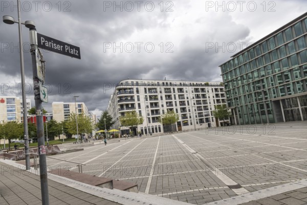 Pariser Platz. Modern architecture in the European quarter. The square heats up very much in summer and is a problem area in the urban climate. Stuttgart, Baden-Württemberg, Germany