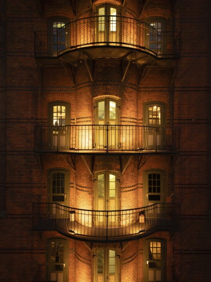 Hamburg warehouse district with evening lighting, Hamburg, Germany