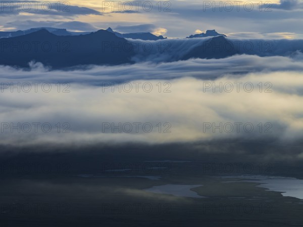Fog, clouds, morning mood, mountains, aerial view, summer, Höfn, Iceland