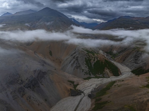 River, river course, river delta, mountains, clouds, canyon, gorge, summer, aerial view, Hvannagil, south-east Iceland, Iceland