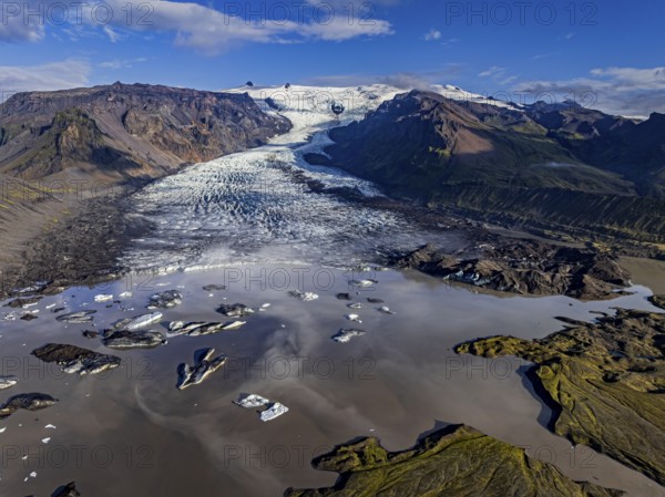 Ice floes, glacier, glacier tongue, glacier lake, sunny, morning mood, mountains, reflection, aerial view, summer, Kviarjökull, Vatnajökull, Iceland