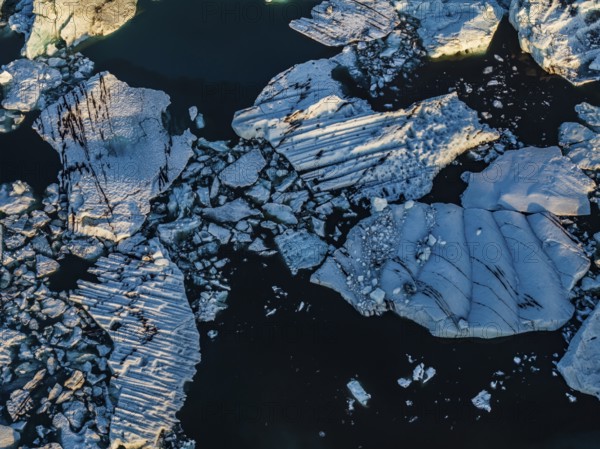 Ice floes, morning mood, reflection, aerial view, summer, glacier lagoon, Jökulsarlon, Vatnajökull, Iceland