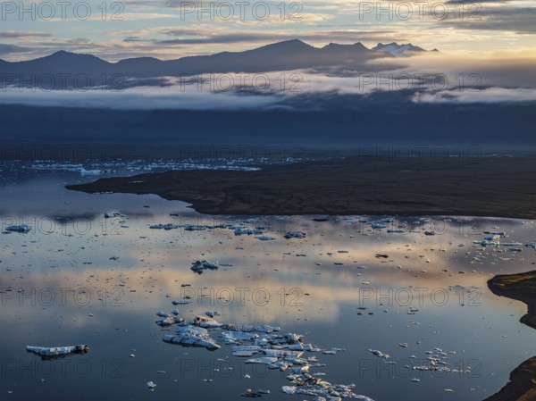 Ice floes, glacier, glacier tongue, fog, clouds, morning mood, mountains, reflection, aerial view, summer, glacier lagoon, Jökulsarlon, Vatnajökull, Iceland