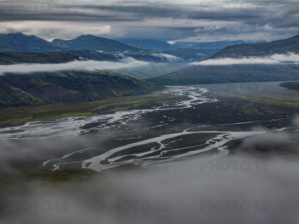 River, river course, river delta, mountains, clouds, summer, aerial view, Hvannagil, south-east Iceland, Iceland