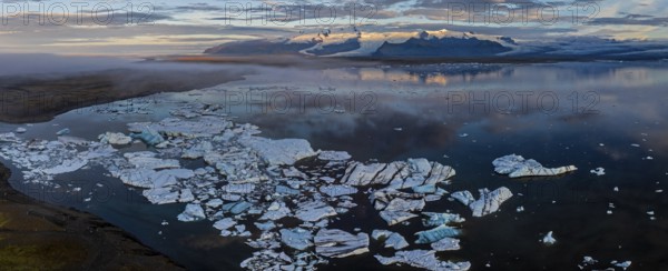 Ice floes, glacier, glacier tongue, fog, clouds, morning mood, mountains, panorama, reflection, aerial view, summer, glacier lagoon, Jökulsarlon, Vatnajökull, Iceland
