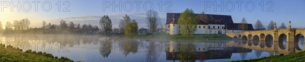 Morning atmosphere, fog at Fischhof, with historic Fischhof bridge, Tirschenreuth, Upper Palatinate, Bavaria, Germany