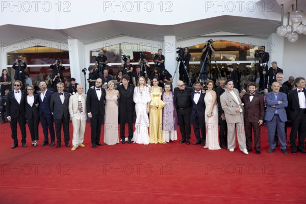 Venice, Italy - 3 September 2025: Mimmo Borrelli, Vincenzo Nemolato, Edoardo Sorgente, Gaja Masciale, a güst, Vincenzo Pirrotta, Fausto Russo Alesi, Valeria Bruni Tedeschi, Pietro Marcello, Noémie Merlant, Fanni Wrochnaa, Vincenza Modica, Federico Pacifici, Savino Paparella during the Red Carpet of - Duse - during the 82nd Venice International Film Festival