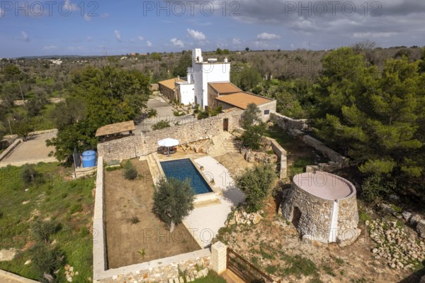The typical farm Masseria Bianca in Taurisano seen from above, Apulia, Italy