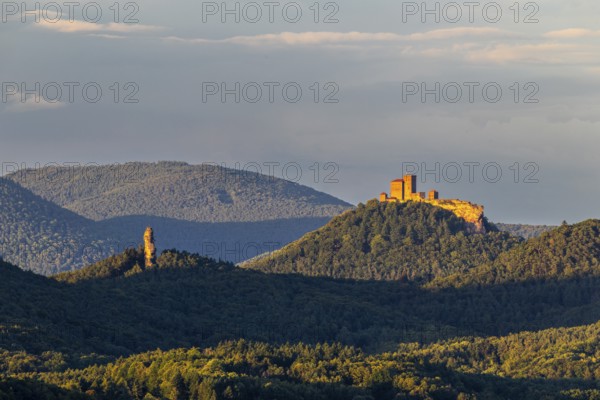 View of Trifels Castle and Anebos Castle, mixed forest, Annweiler, Pfläzerwald, Rhineland-Palatinate, Germany