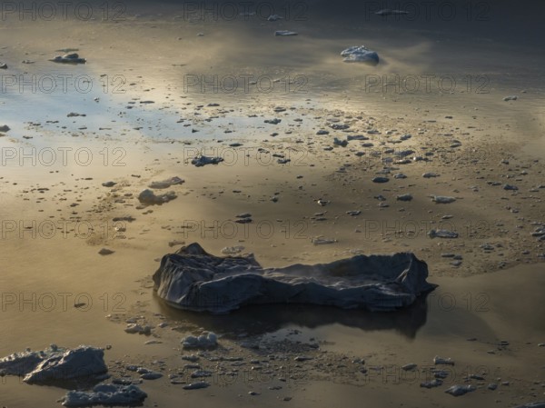 Icebergs, ice floes, glacial lake, summer, evening mood, aerial view, Fjallsjökull, Vatnajökull National Park, Iceland