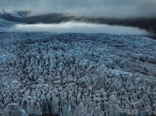 Glacier, glacier tongue, summer, evening mood, clouds, aerial view, Fjallsjökull, Vatnajökull National Park, Iceland