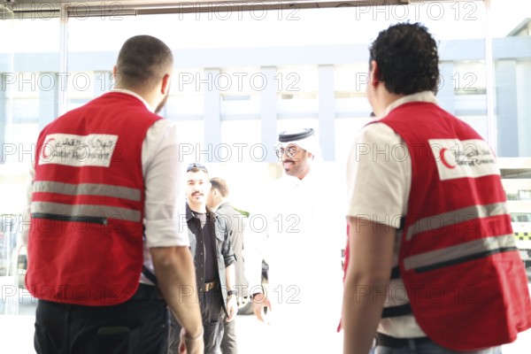 A Qatari aircraft carrying humanitarian and medical aid arrives at Damascus International Airport, received by Syrian Health Minister Musab al-Omar, the heads of the Qatari and Syrian Red Crescent, and Qatar's ambassador, Damascus, Damascus, Syria