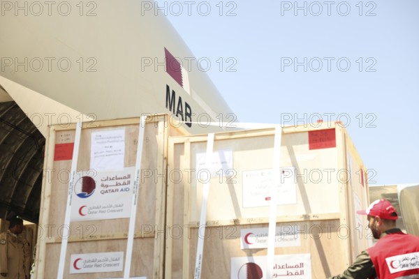 A Qatari plane carrying humanitarian and medical aid arrives at Damascus International Airport as part of Qatar's air and land relief bridge to support the Syrian people during the recovery phase, Damascus, Damascus, Syria