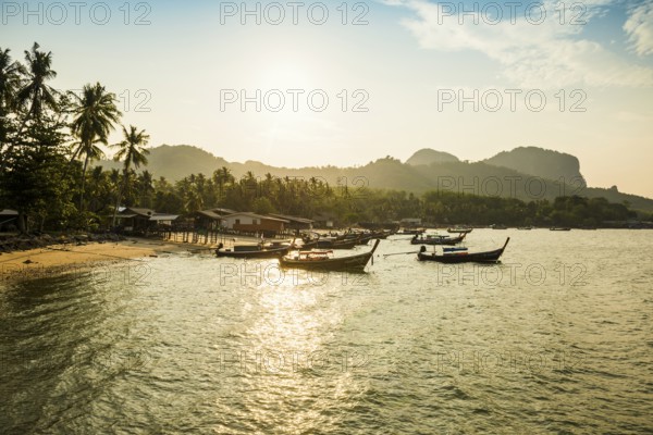 Fishing huts on the beach, sunset, Koh Mook, Trang province, southern Thailand, Andaman Sea, Thailand