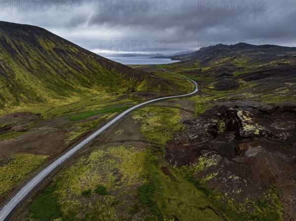 Road, mountains, lake, clouds, mountain road, curves, aerial view, summer, Reykjanes Peninsula, Iceland