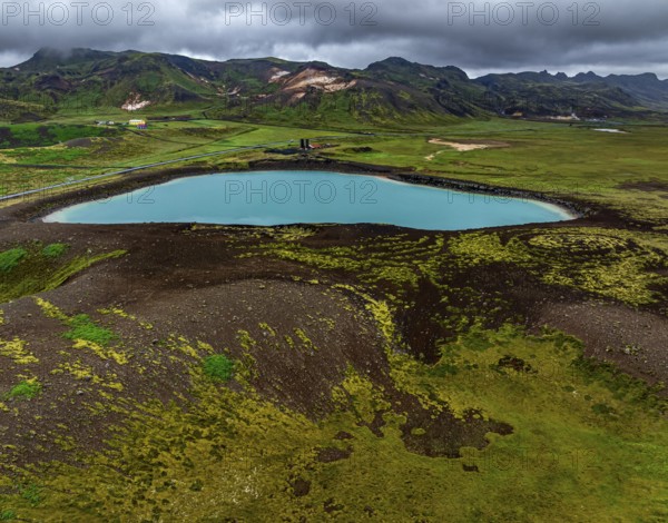 Lake, crater lake, mountains, cloudy, turquoise, volcanic landscape, hot springs, aerial view, summer, Graenavatn, Krysuvik, Reykjanes, Iceland