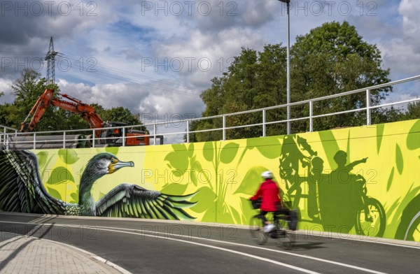 New bicycle tunnel at the junction of the B51 and Warendorfer Straße, in Münster, a bicycle and pedestrian tunnel, 150 metres long, 5.50 metres wide, crosses under the busy roads so that cyclists and pedestrians can pass without crossing, route to and from Münster city centre, visually designed with local motifs as murals, by Lackaffen.de, modern bicycle infrastructure, North Rhine-Westphalia, Germany