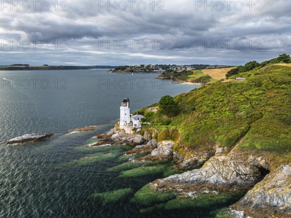 St Anthony Lighthouse from drone, Roseland peninsula, Head circular walk, Cornwall, UK